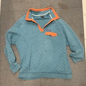 Patagonia Men's Teal and Orange Quilted organic cotton Zip-Up Sweater